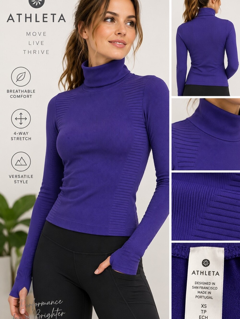 Athleta Purple Seamless Turtleneck Top XS Long Sleeve Ribbed Stretch Portugal